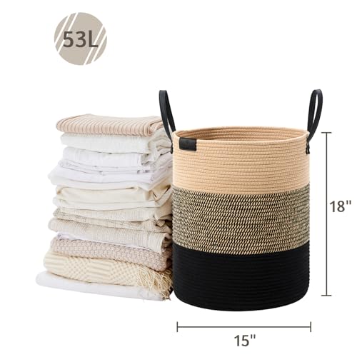 Image of VIPOSCO 53L Tall Woven Rope Laundry Hamper, Leather Handles, Brown & Black | Large Wicker Laundry Basket for Dirty Clothes, Blanket, Toy, Towel, Yoga Mat, Storage Bin in Bedroom, Bathroom, Living Room