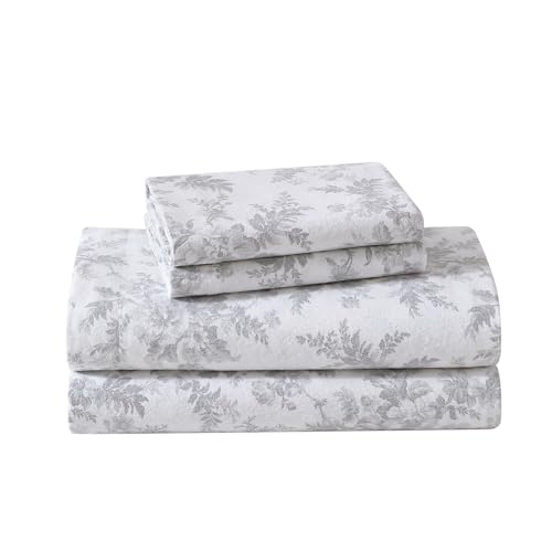 Image of Laura Ashley - Flannel Sheets Queen Size, Anti-Pilling & Wrinkle Resistant Cotton, Touchably Soft for All-Season Comfort - Bed Sheets with Matching Pillowcases & Fitted Sheet (Vanessa Grey)