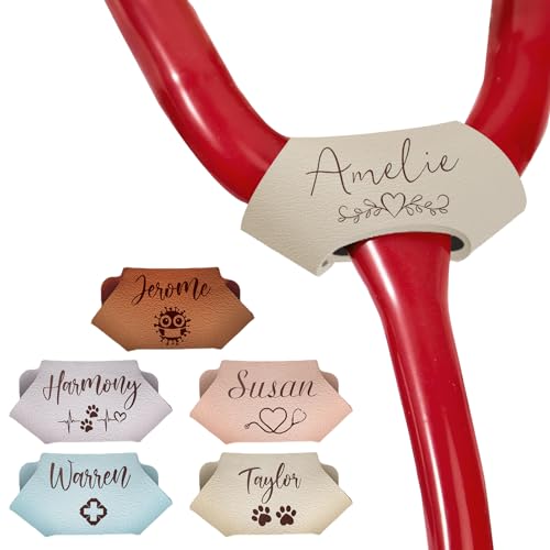 Stethoscope Name Leather Tag Personalized,Custom Stethoscope Charms with ID Tag Accessorie Engraved Name Text,Nurses Week Gift for Nurse Doctor Medical Assistant Vet-Beige