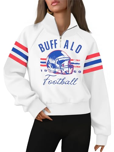 Football Sweatshirt Women Game Day Shirt Football Team Fan Pullover Football Season Quarter Zip Long Sleeve Cropped Tops White