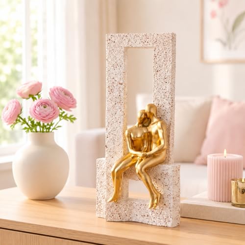 Image of Amazon Basics Graceful Abstract Couple Figurine for Home & Office Decor | Modern Romantic Sculpture Showpiece for Living Room, Shelf, Study Table & Bedroom Styling (Gold & Beige, 19 cm)