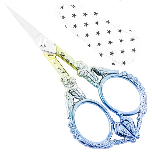 Crochet Scissors with Cover – Blue Gold Vintage Small Embroidery Scissors, Sharp Craft Scissors for Yarn Thread Sewing Needlework, Cute Bird Design Gift for Crocheter Quilter, 4.5 Inch