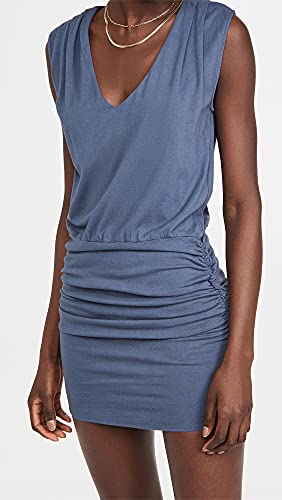 Monrow Women's Tucked Shoulder V Neck Shirred Dress, Blue Steel, Xs #TOP1