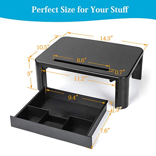 LORYERGO Monitor Riser Stand - Built with Storage Drawer, 3 Height Adjustable Monitor Stand for Computer, Laptop, Screen, Desktop Stand with Phone & Tablet Holder