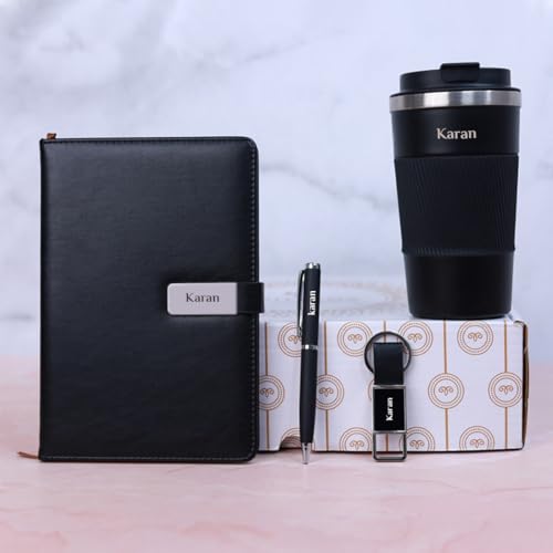 Image of Giftana Personalized Notebook Diary with Pen, Coffee Tumbler 510ml, Keychain Gift Set for Men and Women, 4 in 1 Personalized New Year Corporate Gifting for Employee, Birthday Gifts for Husband (Black)