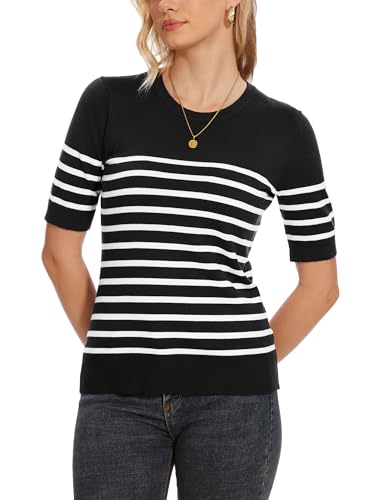 Image of Spicy Sandia Women's Short Sleeve Sweater Casual Knit Pullover Top for Summer Lightweight Black and White Striped 2XL
