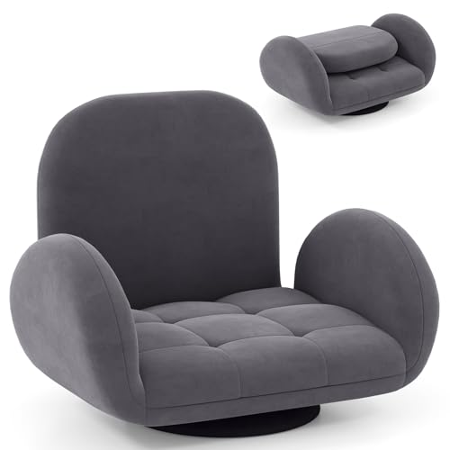 COSTWAY Folding Sofa Chair Lazy Floor Sofa Bed with Adjustable Backrest and Armrests Single Padded Lounge Sleeper Recliner Floor Chair Seat for Meditation Gaming Reading (with Swivel Base Grey)