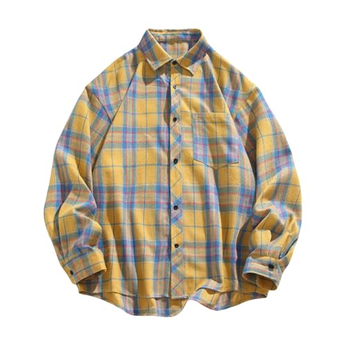 Generisch Camisa tradicional a cuadros de manga larga corte regular algodón elástico para traje regional y festival Oktoberfest Camisa de fácil cuidado Camisa de manga larga, amarillo, M