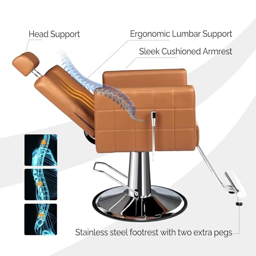 OmySalon Hydraulic Barber Chair Heavy Duty, Salon Chair for Hair Stylist All Purpose, Reclining Hair Salon Chair for Braiding Shampoo Facial Waxing Beauty Spa, 360 Degree Swivel, Camel - Thumbnail 4