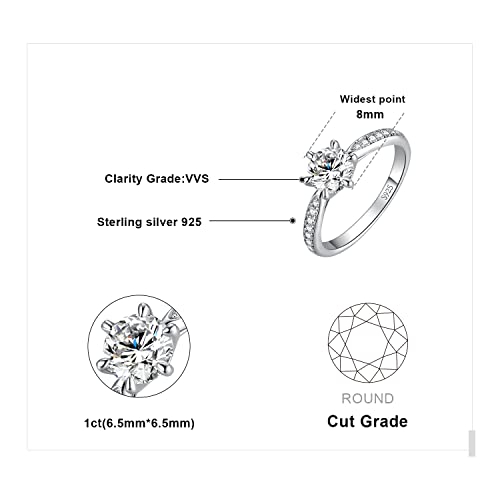 JewelryPalace Classic 1ct 2ct 3ct Moissanite Solitaire Engagement Rings for Women, 925 Sterling Silver Promise Ring for Her, Round Cut Simulated Diamond Anniversary Wedding Rings D-F VVS Size 4-122