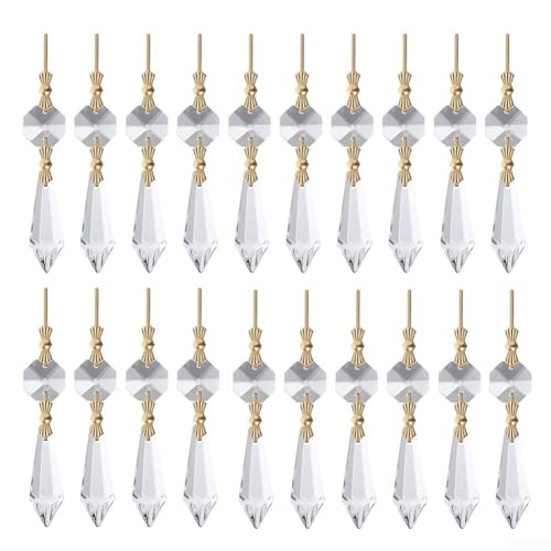 Juego de 20 colgantes de lágrima transparente para cristales con clips dorados para candelabros, prismas para elevar accesorios de iluminación y crear efectos visuales (transparente)