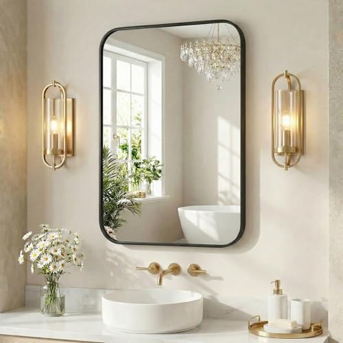 Image of Sweetcrispy Bathroom Mirror for Over Sink, 30x40 Inch Wall Mount Mirror with a Rounded Rectangle and Matte Metal Frame, Modern Wall Vanity Mirrors for Home Decor, Living Room, Bedroom, Black
