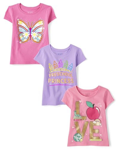 Image of The Children's Place Baby-Girls and Toddler School,Learning Short Sleeve Graphic T-Shirts,3 Pack