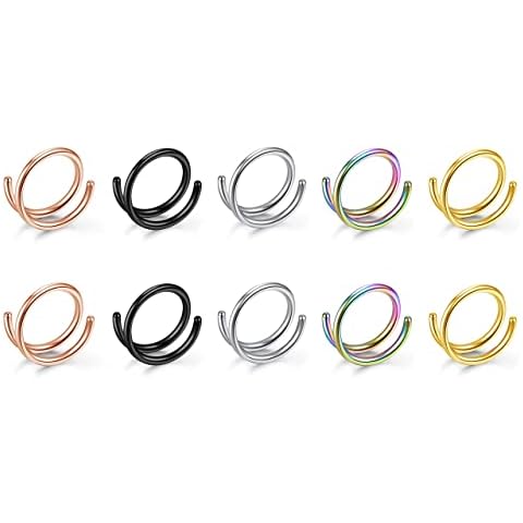 PiercingJak 10pcs 20G Double Nose Rings Hoop for Single Piercing Nose Hoop Stainless Steel Double Hoops Twist Spiral Nose Ring Nostril Piercing Jewellery for Women Men 6-10mm Cover