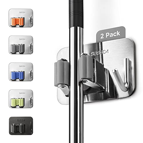 2 Pièces Porte Balai Mural, Accroche Balai Mural en Acier Inoxydable Support Balais Mural Auto Adhésif Mop Crochet Mop Support avec Crochets pour Cuisine,Salle de Bain,Jardin,Garage(Argenté Gris) Cover