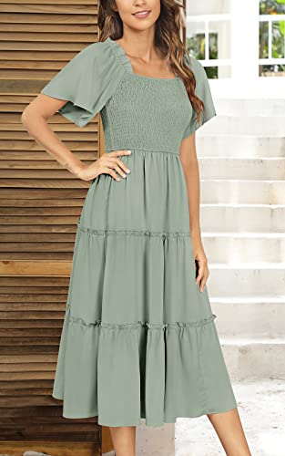Zattcas Womens 2023 Spring Summer Boho Midi Smocked Dress Flutter Sleeve Square Neck Tiered Ruffle Flowy Nursing Maternity Dress Green M #TOP3