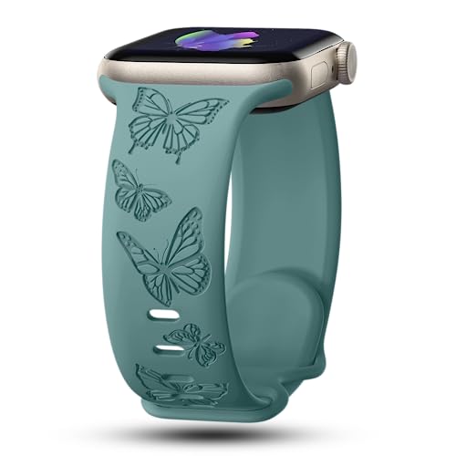 Image of Butterfly Engraved Bands Compatible with Apple Watch Band 41mm 40mm 38mm 49mm 46mm 49mm 46mm 45mm 44mm 42mm Women, Silicone Sport Strap for iWatch Series SE 10 9 8 7 6 5 4 3 2 1 SE Ultra