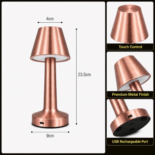 Image of One94Store Rechargeable LED Table Lamp with Touch Control | Cordless Portable Desk Lamp, 3 Color Dimmable Lighting | Rose Gold Metal Lamp for Bedroom, Living Room, Restaurant, Study, Cafe & Home Decor