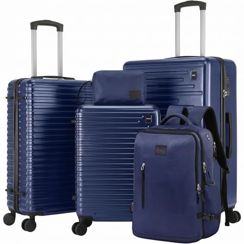 Image of Hoteel Luggage Sets 5 Piece, 4-Year Warranty, Carry-On Luggage with Dual-Spinner Wheels, PC+ABS Hardside Suitcase Set with TSA Lock, Durable Large Suitcase, Dark Blue(20 /24 /28 /DB /TB)