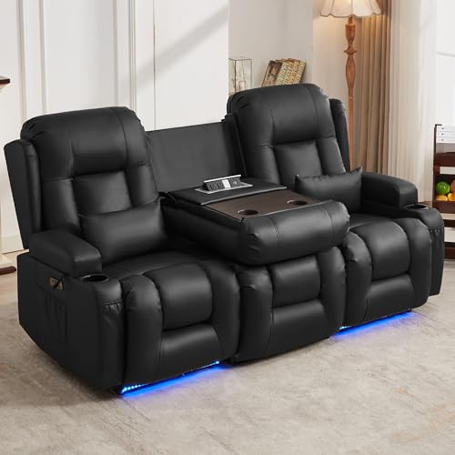Image of URRED Power Loveseat Recliner Sofa with Massage and Heat, Wall Hugger Reclining Loveseat with Console, RV Couch Home Theater Seating with LED Lights for Living Room (Black, 76.8 inch - 3 Seats)