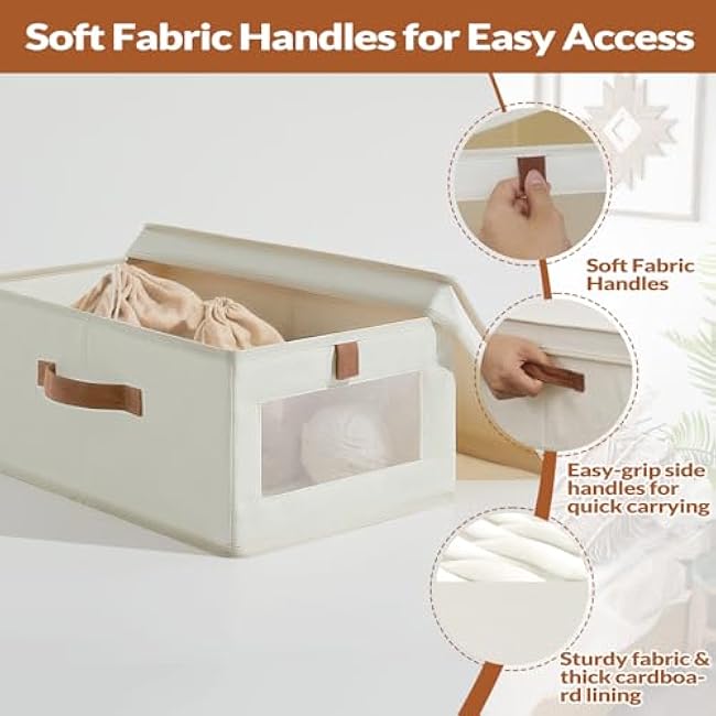 Fabric Storage Bins with Lids, Collapsible Closet Organizer with Sturdy Handles, Clear View Window, Stackable Storage Baskets for Clothes, Towels, Books, Hand Pull Closet Organizer Boxes-2-Pack, Beige
