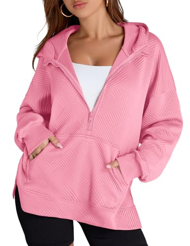 Image of LOMON Womens Oversized Half Zip Hoodies Long Sleeve Textured Casual Sweatshirts Loose Fall Pullover Tops with Pockets