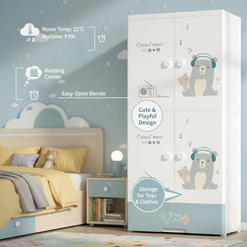 Image of LERIMO Multipurpose Stackable Plastic Cupboard Drawer for Clothes Storage, Almirah for Clothes, Foldable Wardrobe Cabinet Organizer for Office, Kitchen, Bathroom (Music Bear - SJ6530, 4 - Layer)