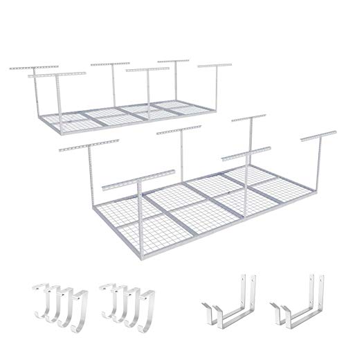 FLEXIMOUNTS 2-Piece Overhead Garage Storage Rack Set w/Hooks Adjustable Ceiling Storage Rack, 96' Length x 48' Width x 40' Height, 2 pcs, White