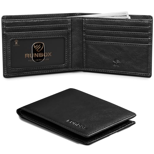 Image of RUNBOX Wallet for Men Slim Leather Bifold RFID Blocking Minimalist Front Pocket Design with Gift Box | Minimalist Front Pocket Design, Holds 8 Cards, RFID Protection, Gifts for Men on Birthdays, Father's Day, and Christmas