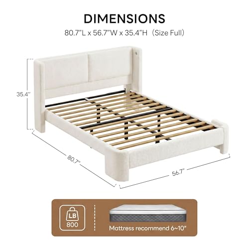 Image of LIKIMIO Full Bed Frame with USB Ports & Wingback Headboard, Cream White | Boucle Upholstered Platform Bed, Sturdy Slat Frame, No Box Spring Needed, Fits Living Room and Apartment.