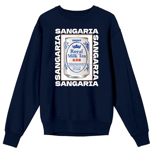 Bioworld Milk Tea White Logo Text, Royal Milk Tea Can Graphic on Navy Adult Crew Neck - Main Image
