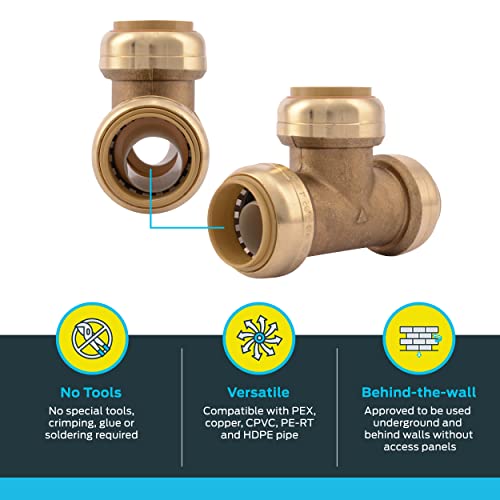 Image of SharkBite 1 Inch Tee, Push to Connect Brass Plumbing Fitting, PEX Pipe, Copper, CPVC, PE-RT, HDPE, U374LFA