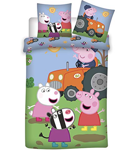 BrandMac Peppa Wutz Bettw&auml;sche 135x200 80x80 Kissen-Bezug Baumwolle Kinderbettw&auml;sche-Set, Traktor