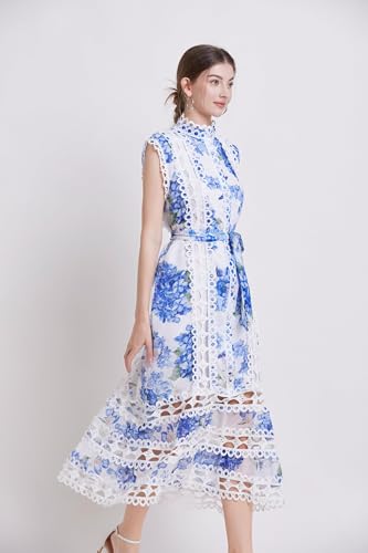Image of LAI MENG FIVE CATS Women's Sleeveless Hollow Out Lace Button Up Casual Midi Party Dress with Belt