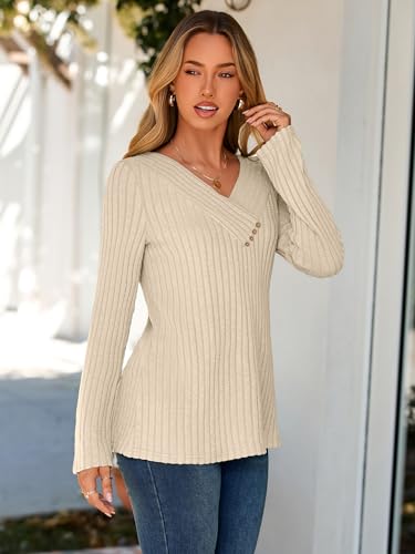 Glamaker Women's Fall Long Sleeve V Neck Tunic Tops Lightweight Button Casual Soft Loose Blouse Sweatshirts3