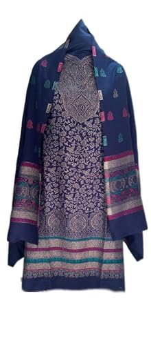 Image of Womens designer woolen suit for women with salwar and kashmiri shawl winter wear kani unstitched fabric set, stylish kurta pant set woollen dress material for women by pure pashmina wooltex