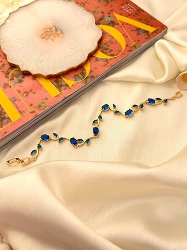 Image of Inites - Anti Tarnish Fairy Bloom Floral Tulip Bracelet With Blue Crystal Stones For Women & Girls | Elegant Floral Branches Golden Chain Link Bracelet Lightweight Jewelry For Daily Wear & Gifts