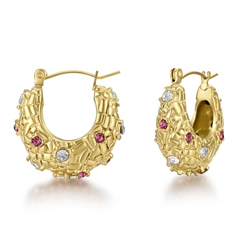 FRUMOS Chunky Hoop Earrings for Women Girls,14K Gold Plated Hoop Earrings with 925 Sterling Silver Post Cubic Zirconia Huggie Earrings| CZ Stud Earring(CZ Paved Gold Chunky Earrings)