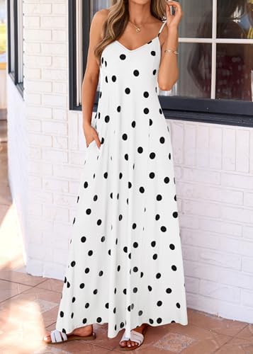 Image of KIRUNDO Womens Polka Dot Spaghetti Strap Flowy Maxi Dress | Sleeveless V Neck Boho Long Dresses, 2026 Summer Beach Vacation Cruise Outfits, A-Line Backless Sundress With Pockets