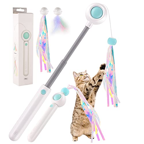 Jouet en Plumes de Chat Interactif,Jouets à Tiges de Plumes de Chat Rétractables-avec Plumes et Longs Rubans, Jouets de Chat Rétractables à Un Bouton,Réglage Flexible de La Longueur ,Bleu Cover