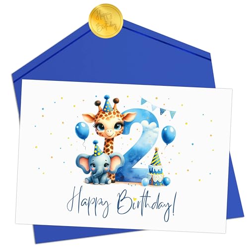 Joli Coon Cartão de felicitação de aniversário 2 anos - cartão de aniversário para bebé - cartões de aniversário bebé menino com envelope e carimbo adesivo dourado
