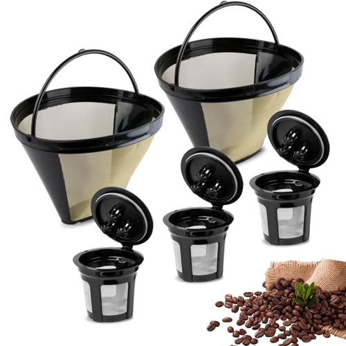 Lot de 5 filtres à café réutilisables pour cafetière Ninja double infusion – 2 filtres à café coniques réutilisables et 3 tasses K réutilisables pour machine à café Ninja – Dosettes de café