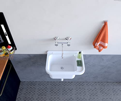 Negrari Wandwaschbecken aus Kunstharz, beständig gegen Säuren der üblichen Verwendung, feuchtigkeitsbeständig, Abfluss-Set im Lieferumfang enthalten, für Innen- und Außenbereich, L50 x B34 x H21 cm,