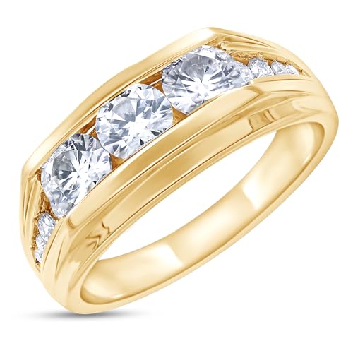 Men's 3-stone Anniversary Wedding Band Ring Round Lab Created Moissanite & Lab Grown Diamond Channel Set Ring In 925 Gold Plated Sterling Silver 10K & 14K Solid Gold Jewelry Gift For Him (1.00 Cttw)