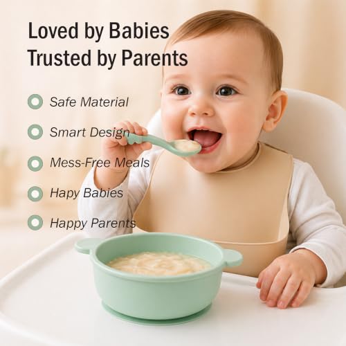 Image of Silicone Baby Feeding Bowl and Spoon Set for Babies with Suction Base, BPA-Free, Non-Slip, Safe for Infants and Toddlers Mealtime (Light Green)