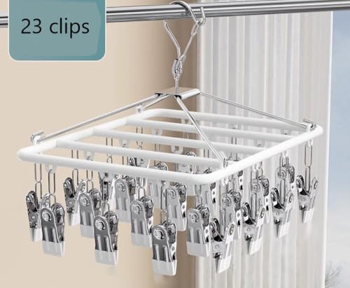 YHESUBZ Edelstahl Trocknen Rack,Wäscheständer aus Metall mit 23 Clips,winddichter Haken, Wäschetropfbügel, Wäscheklammern für Socken, Schals, Handschuhe (Weiß)