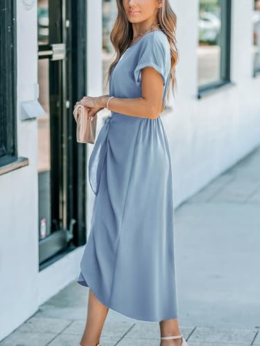 Image of CUPSHE Women's V Neck Wrap Dress Twisted Slit Pleated Waist Tie Short Sleeve Summer Midi Dresses