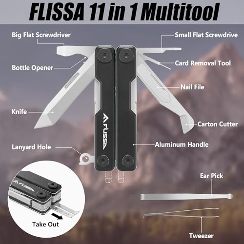 FLISSA 11-in-1 Multitool Scissors with Knife, Foldable Mini Multitool, Stainless Steel Scissors with Aluminum Handles, Spring - EDC for Camping, Hiking, Fishing, Emergency, Black - Image 6