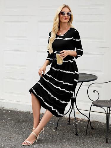 Image of Heymoments Women's Casual 3 /4 Sleeve Midi Dress Crewneck A Line Tiered Flowy Loose Travel Long Dresses with Pockets