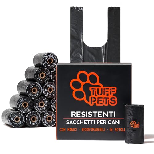 Tuff Pets Sacchetti cane cacca extra spessi - Sacchetti per cani biodegradabili con manici lunghi - bustine cacca cane biodegradabili più spessi del 50% - Amido di mais - 16 rotoli